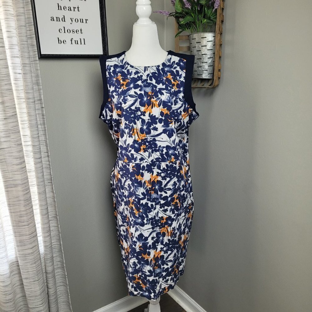 Margaret M Navy Blue Floral Stretch Sheath Dress 2X